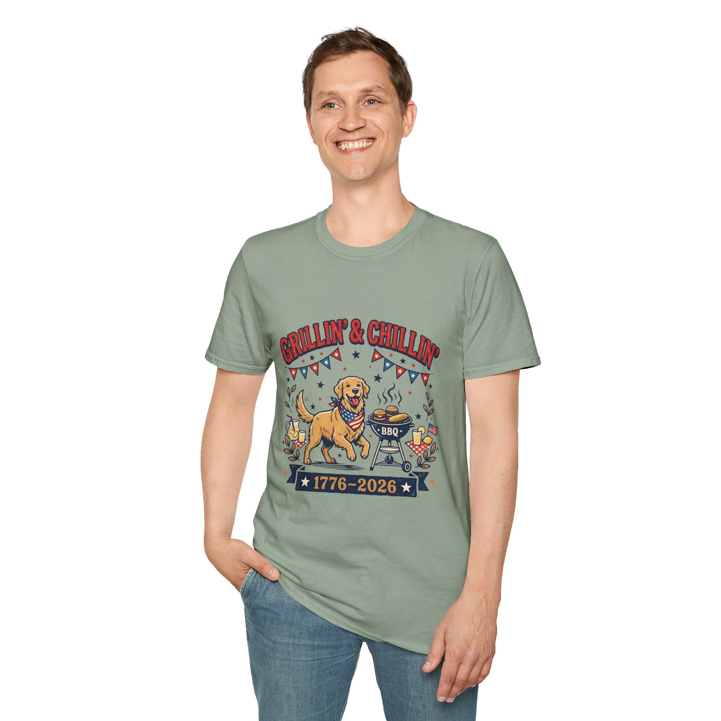 Grillin' & Chillin' BBQ Dog T-Shirt — 1776-2026 Patriotic Summer Tee, 4th of July Shirt, Independence Day Tee
