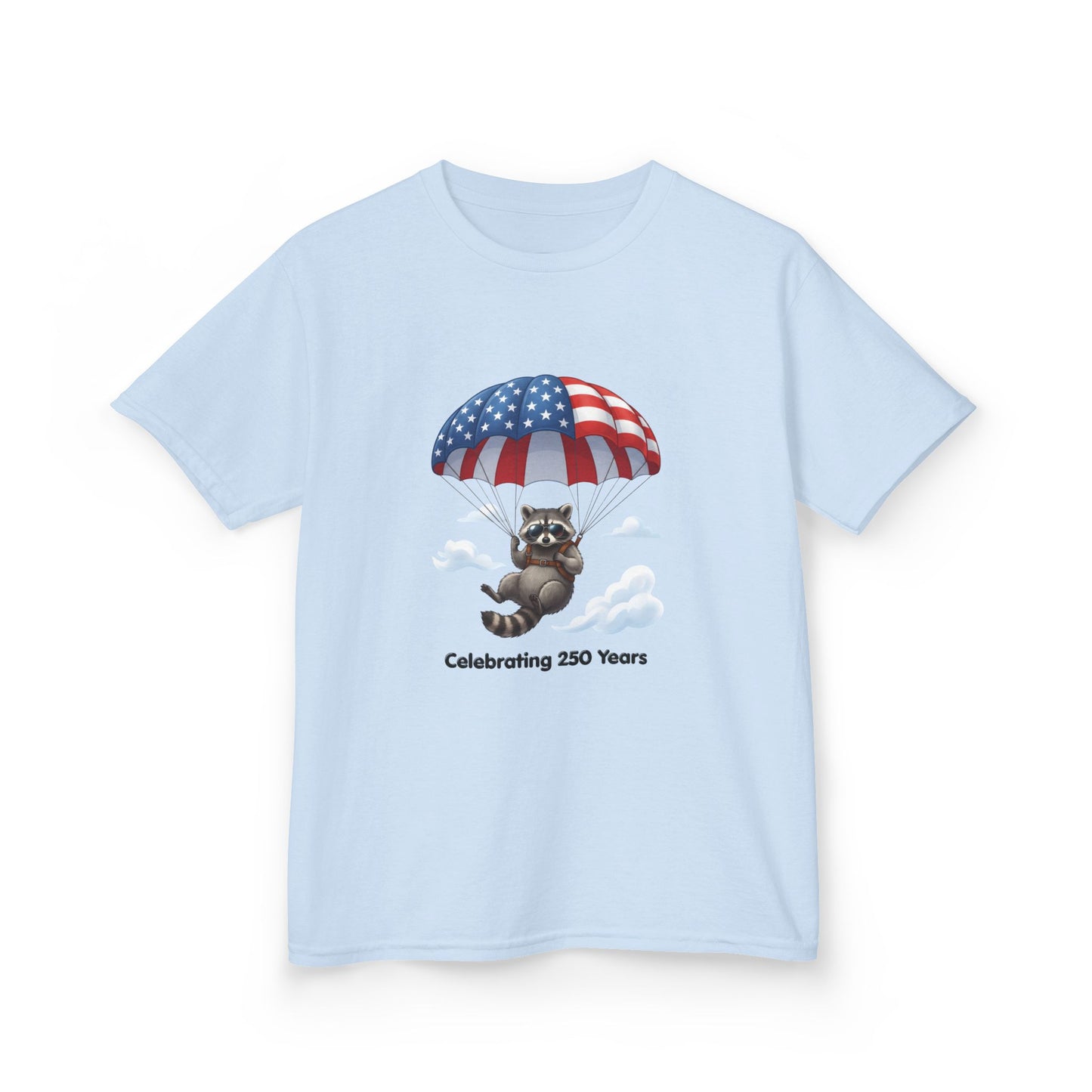 Kids T-Shirt — Patriotic Raccoon Parachute “Celebrating 250 Years”