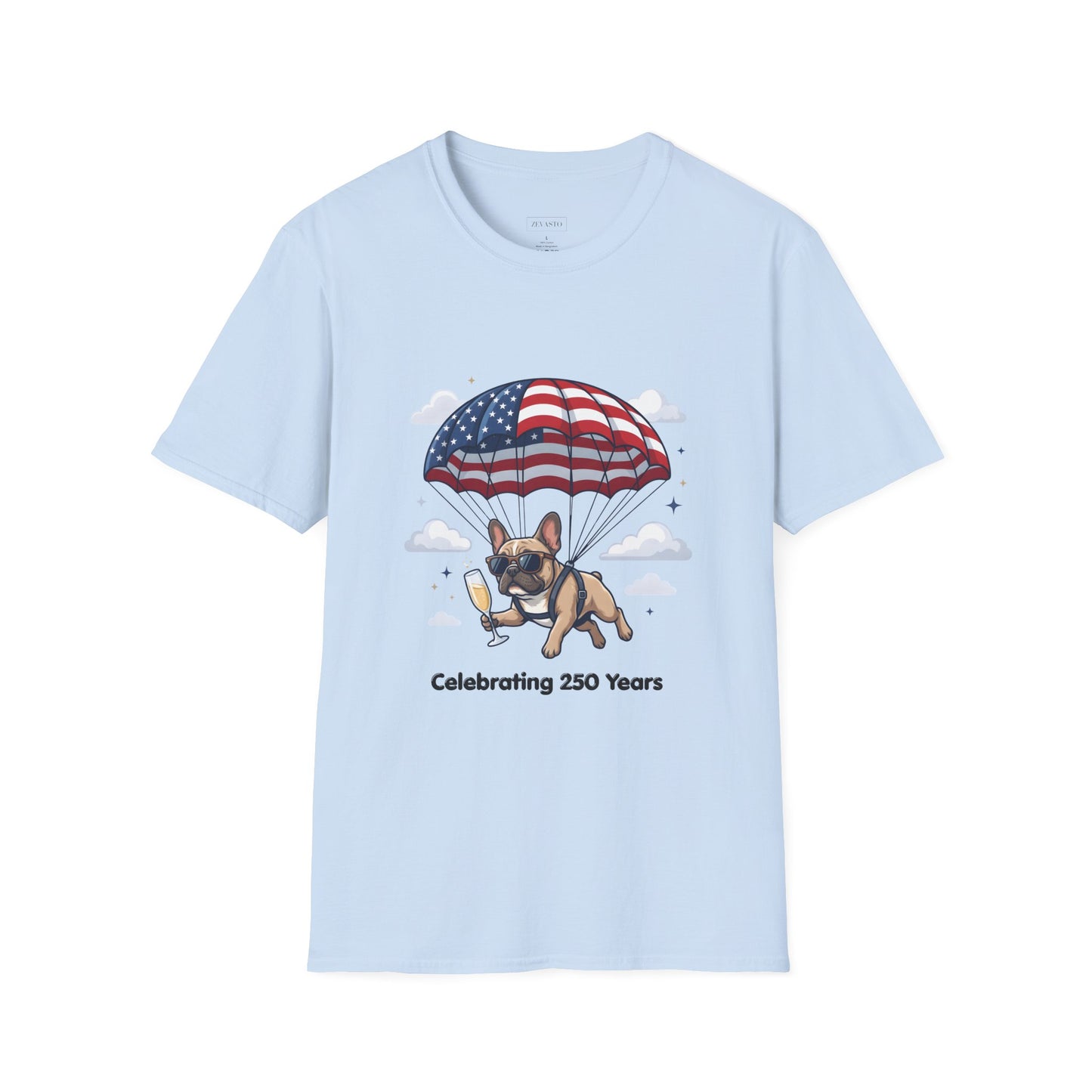 Patriotic French Bulldog T-Shirt — "Celebrating 250 Years" Parachute Design
