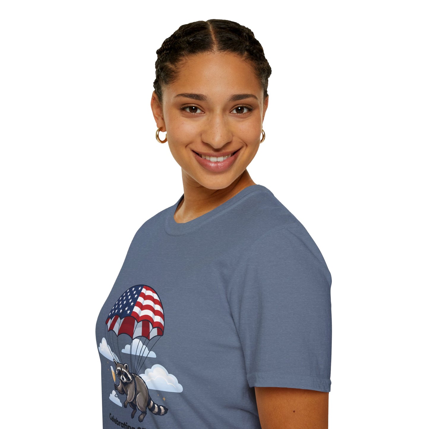 Patriotic Parachuting Raccoon T-Shirt — "Celebrating 250 Years"