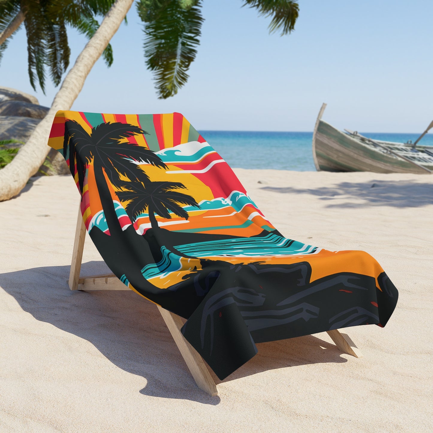 Tropical Sunset Beach Towel – Retro Palm Tree Surf Vibe