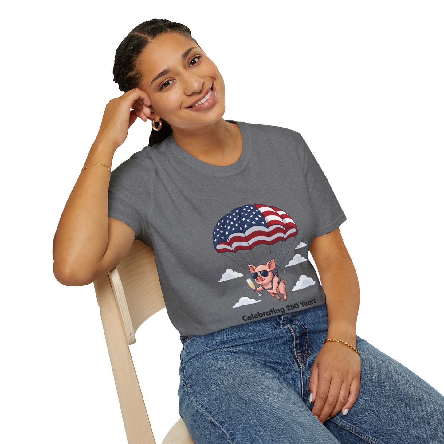 Patriotic Parachuting Piglet T-shirt - “Celebrating 250 Years”