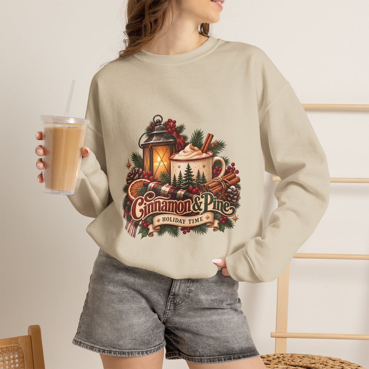 Cinnamon & Pine Crewneck Sweatshirt — Cozy Holiday Lantern Design Sweatshirt