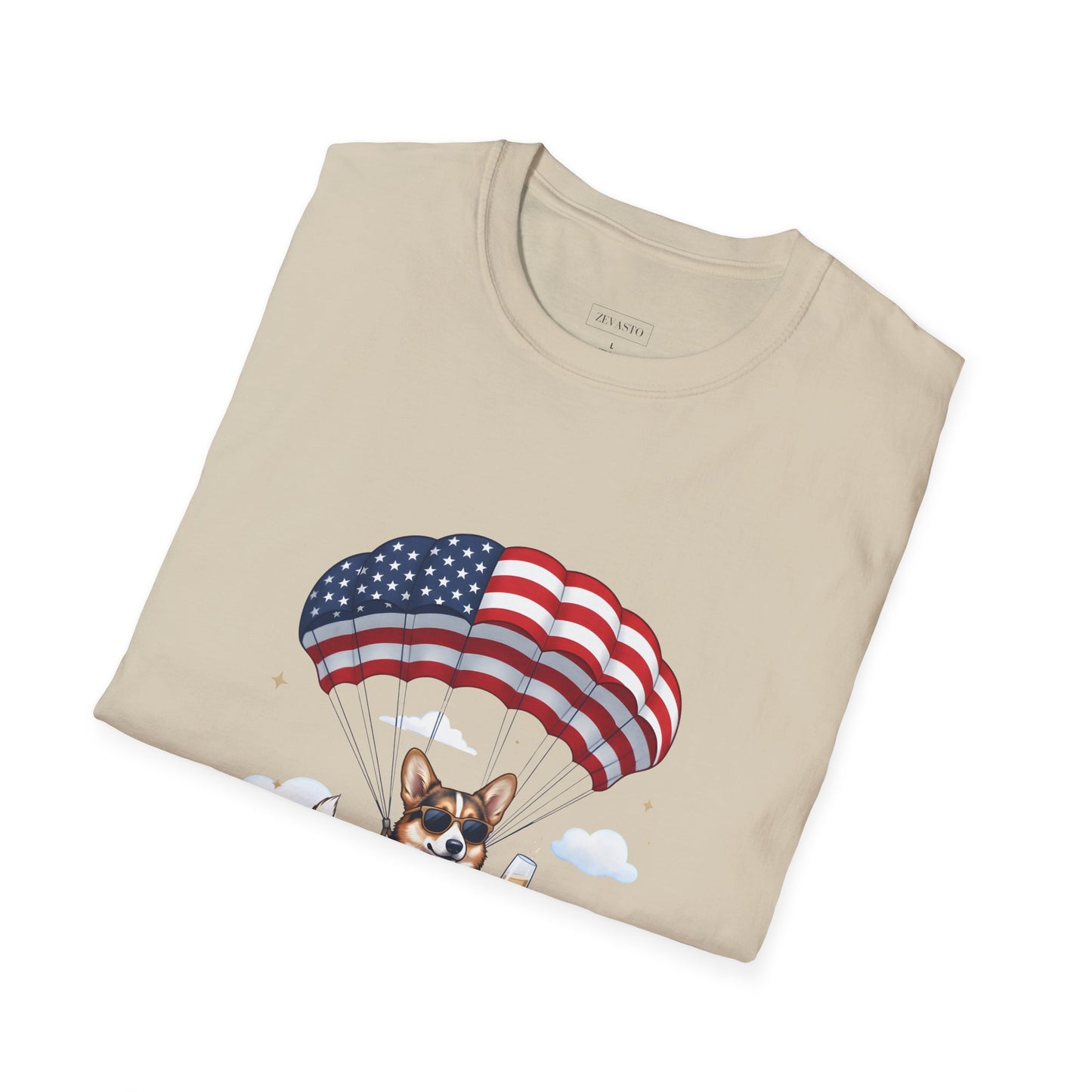 Corgi Parachute American Flag T-Shirt — "Celebrating 250 Years" Patriotic Tee
