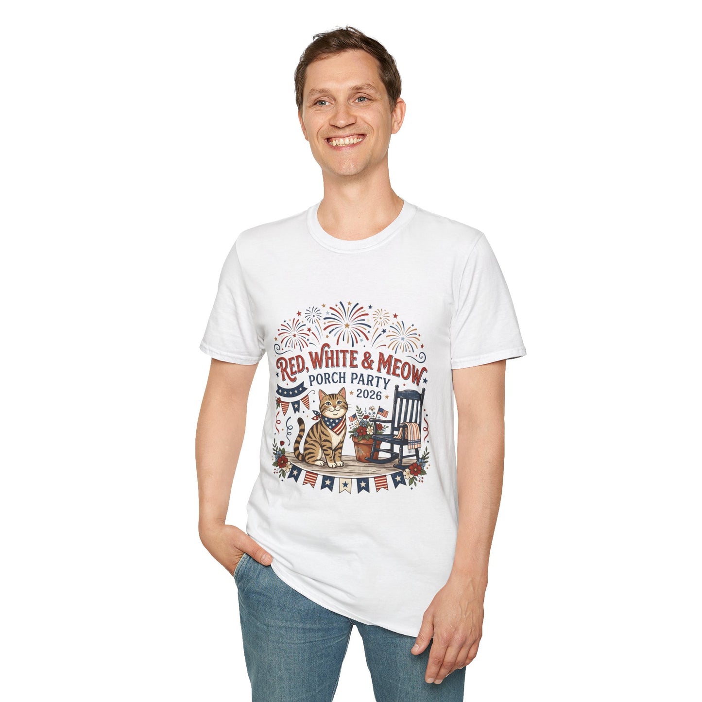 Red, White & Meow Porch Party T-Shirt — 2026 Patriotic Cat Tee, 4th of July Shirt, Independence Day Gift