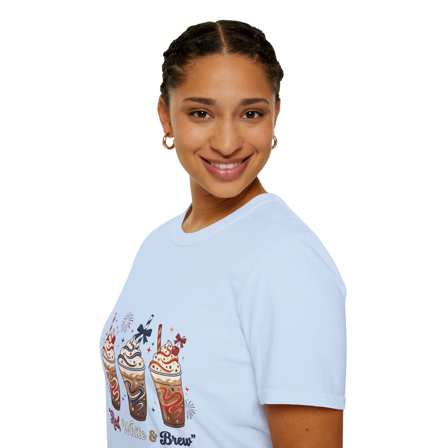 Patriotic Iced Coffee Tee — "Red, White & Brew" Graphic T‑Shirt