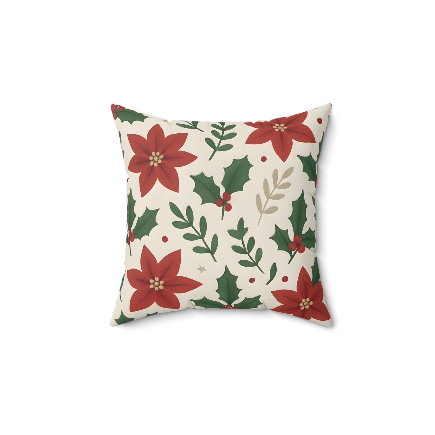 Poinsettia and Holly Leaves Holiday Throw Pillow - Festive Christmas Floral Decorative Cushion