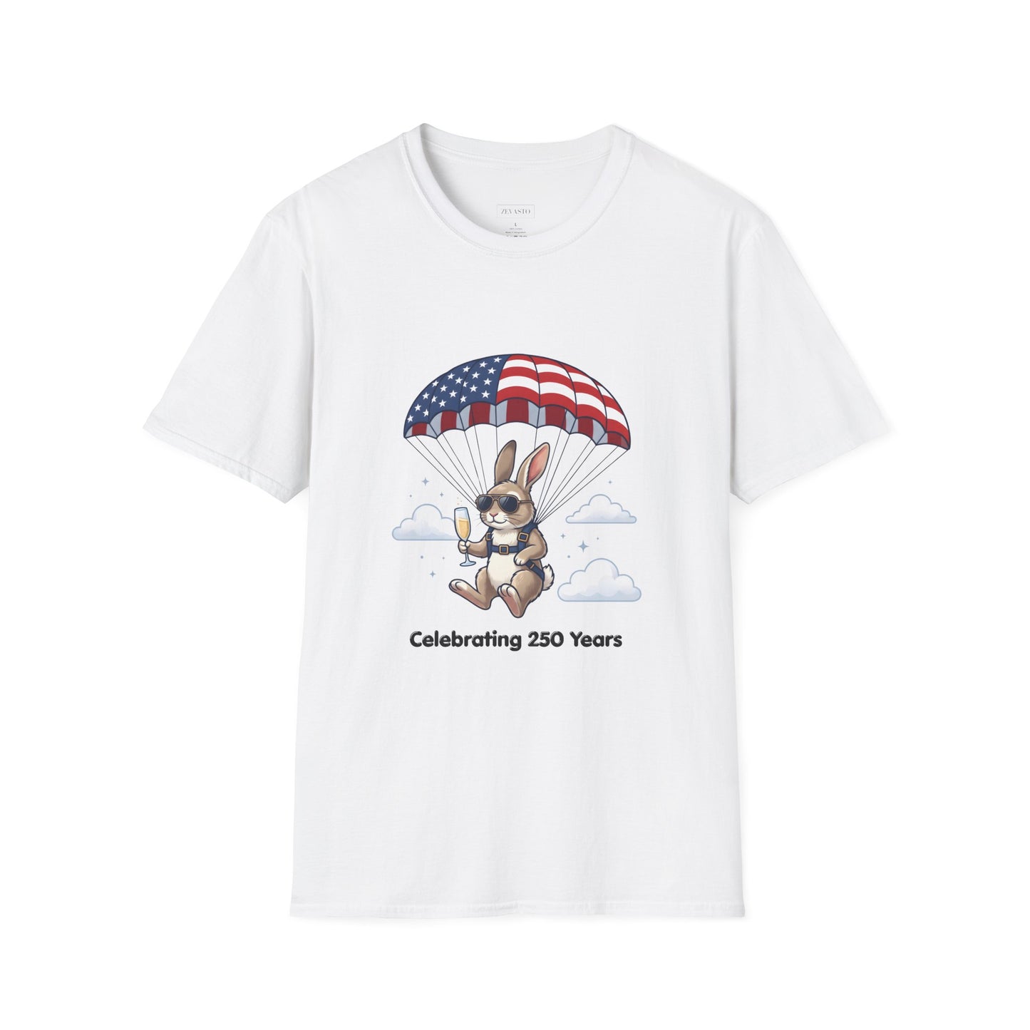 Patriotic Parachuting Bunny T-Shirt — "Celebrating 250 Years"