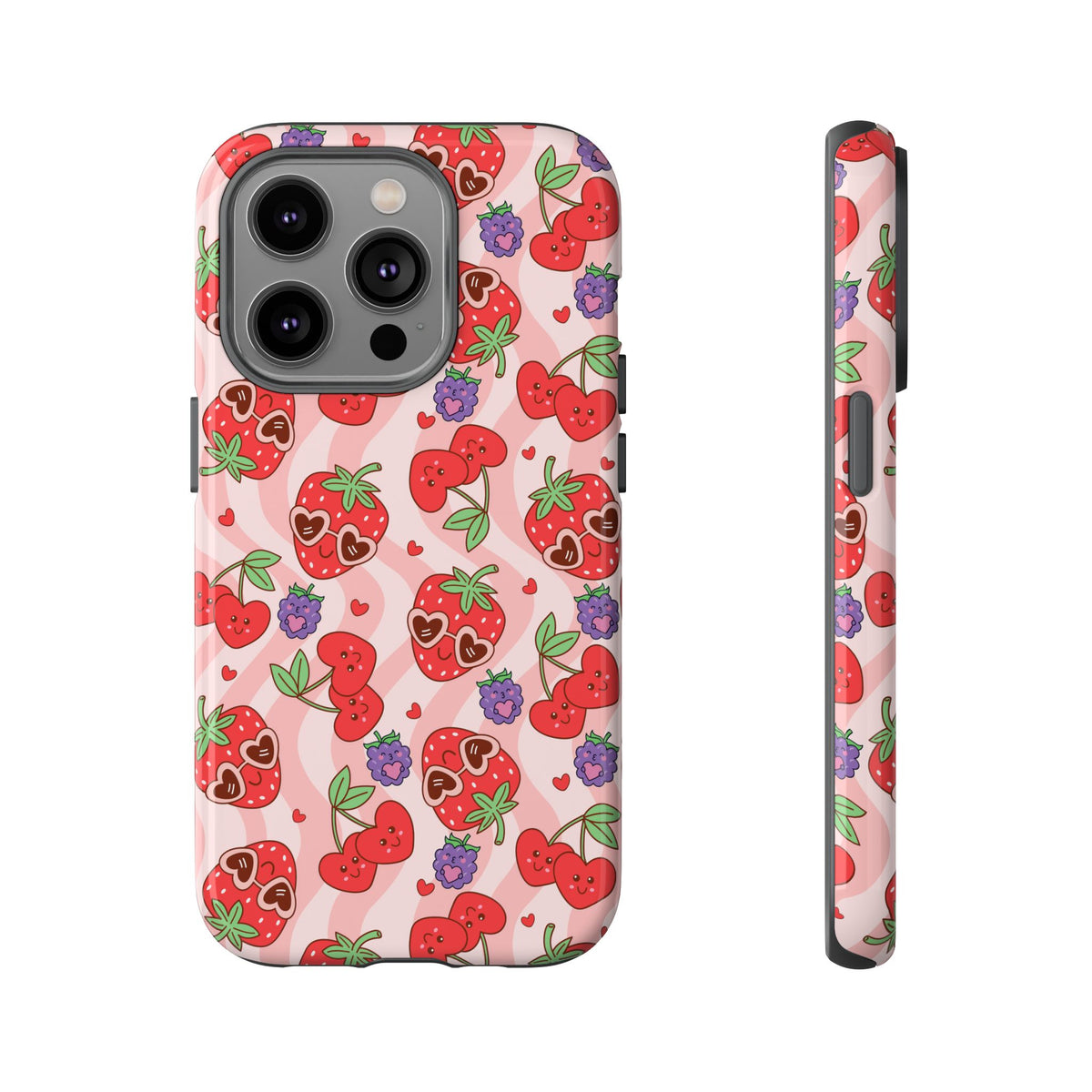Cute Kawaii Strawberry & Cherry Phone Case — Pink Fruit Pattern Protective Case
