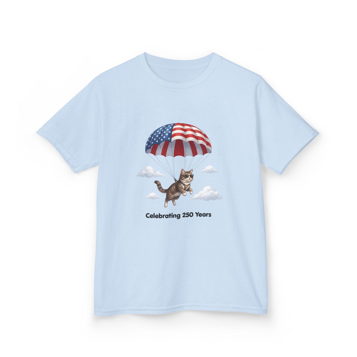 Kids Patriotic Parachuting Cat Tee — "Celebrating 250 Years"