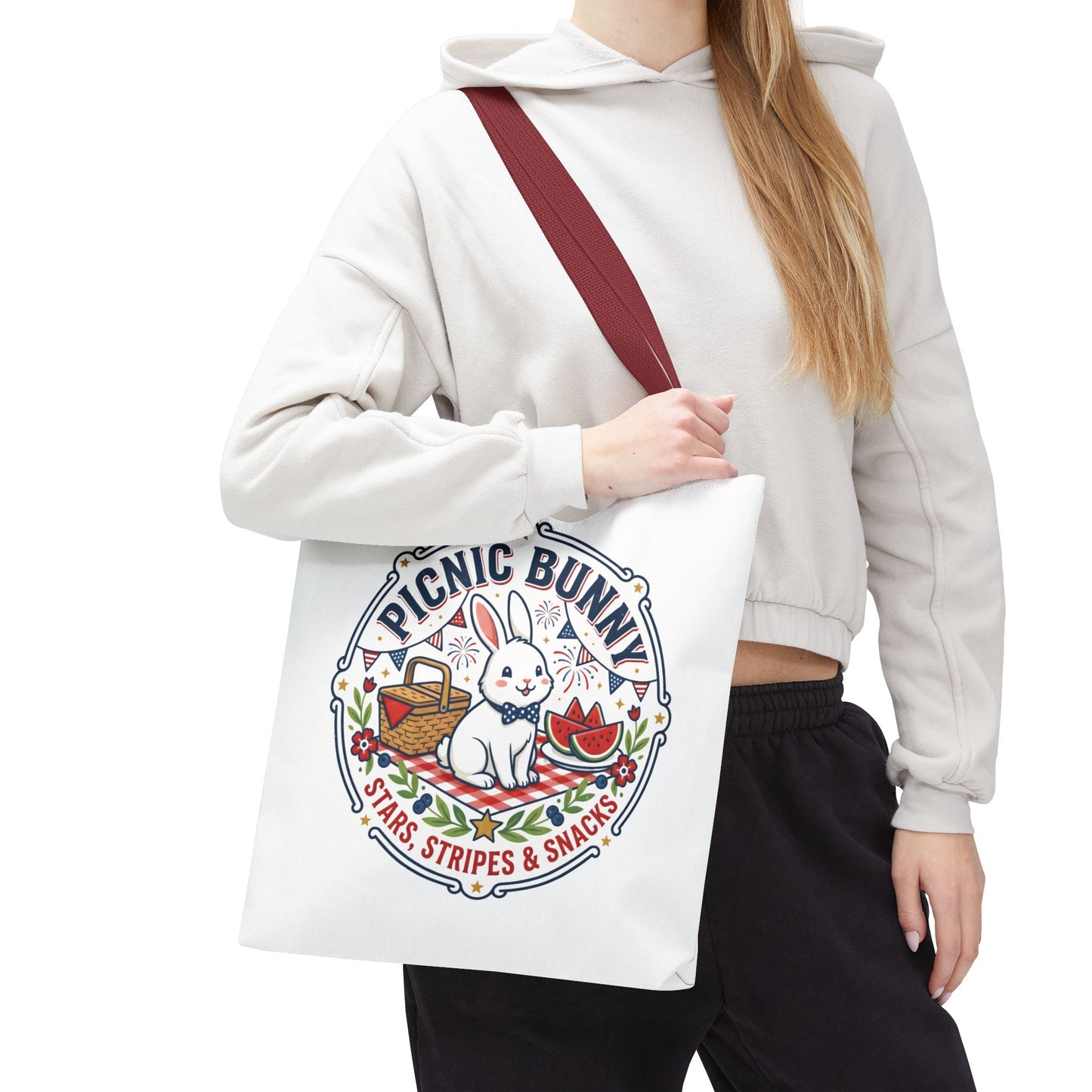 Patriotic Picnic Bunny Tote Bag — ‘Stars, Stripes & Snacks’ Cute Rabbit Picnic Tote, 4th of July Tote
