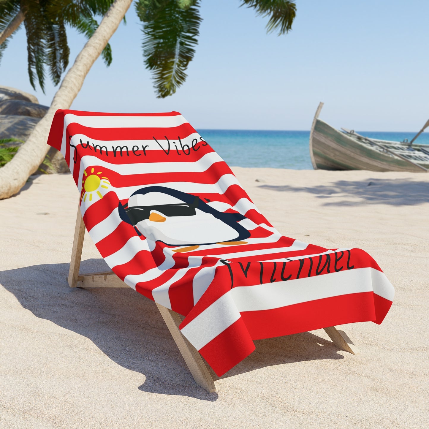 Personalized 'Summer Vibes' Penguin Beach Towel