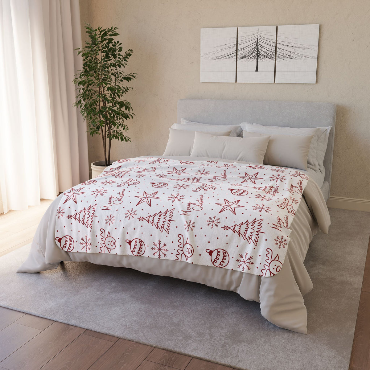 Christmas Fleece Sherpa Blanket - Red Doodle Trees, Reindeer & "Merry Christmas" Pattern
