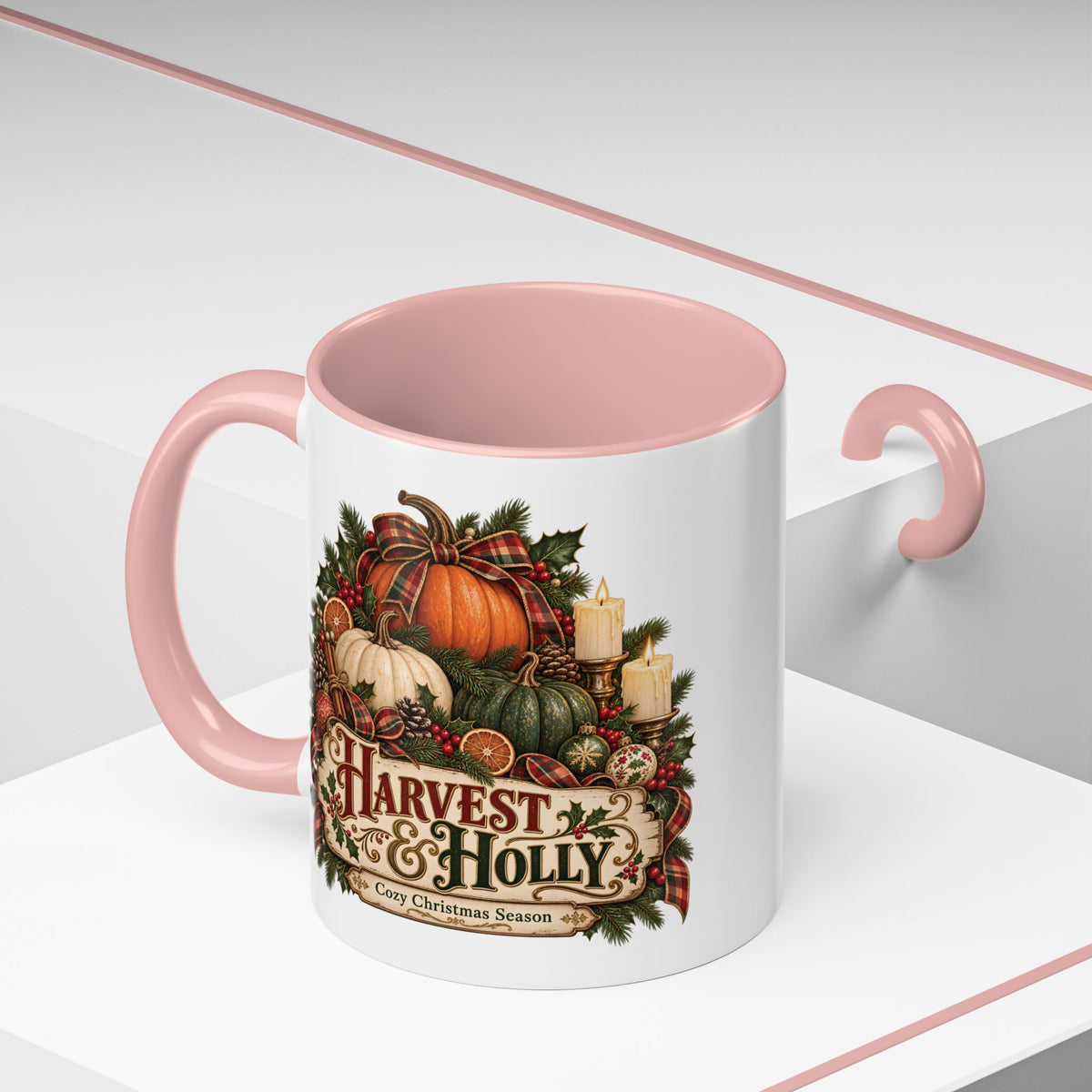 Harvest & Holly Accent Coffee Mug - Vintage Christmas Holiday Mug (11 oz)