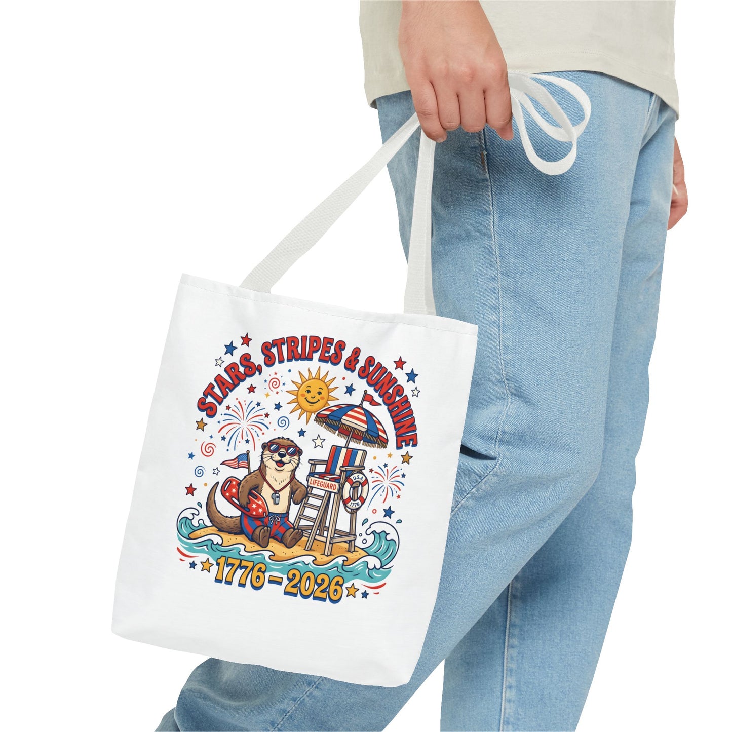Stars, Stripes & Sunshine Tote Bag — 1776–2026 Patriotic Summer Beach Tote, 4th of July Tote