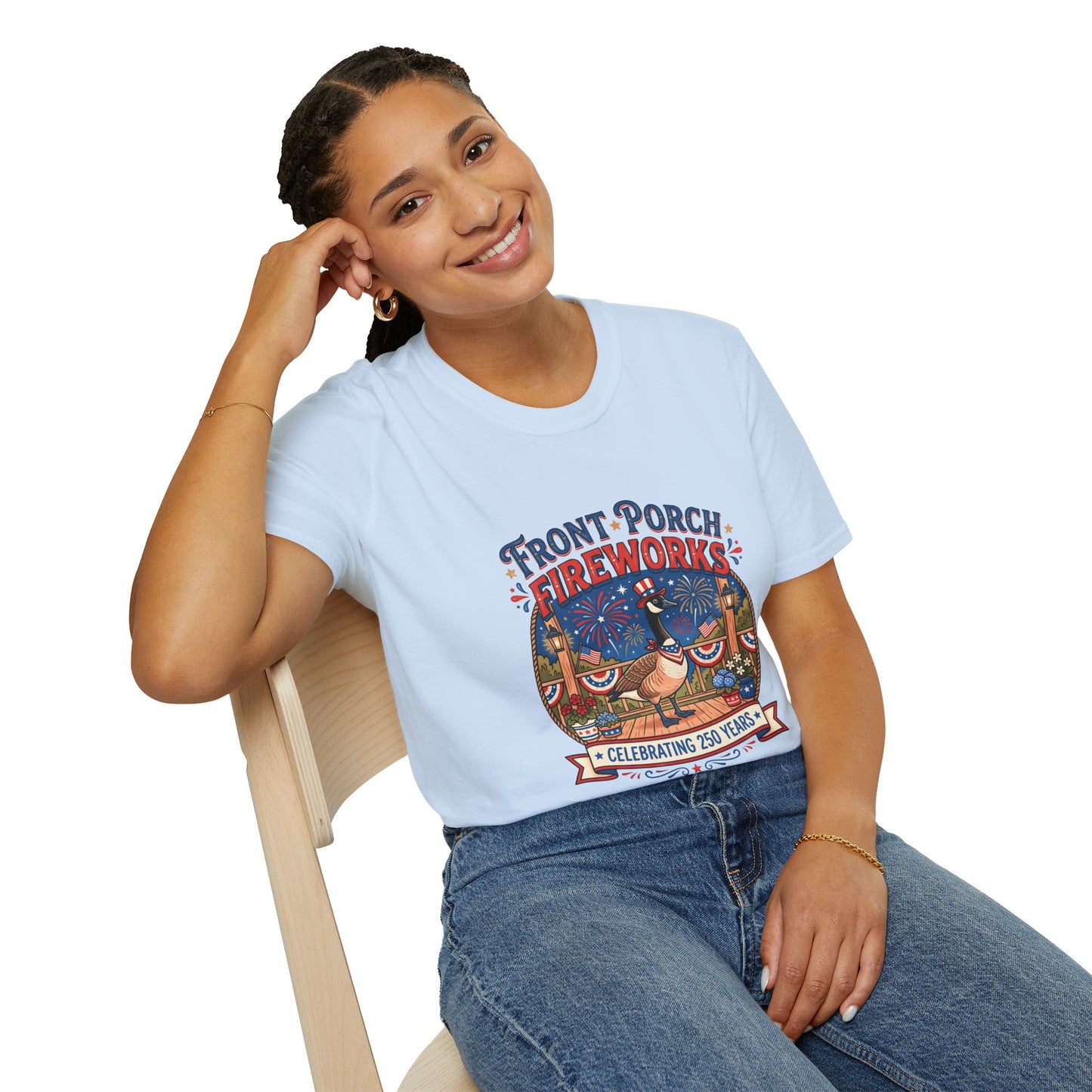 Front Porch Fireworks, Goose T-Shirt — Patriotic 4th of July Celebration Tee