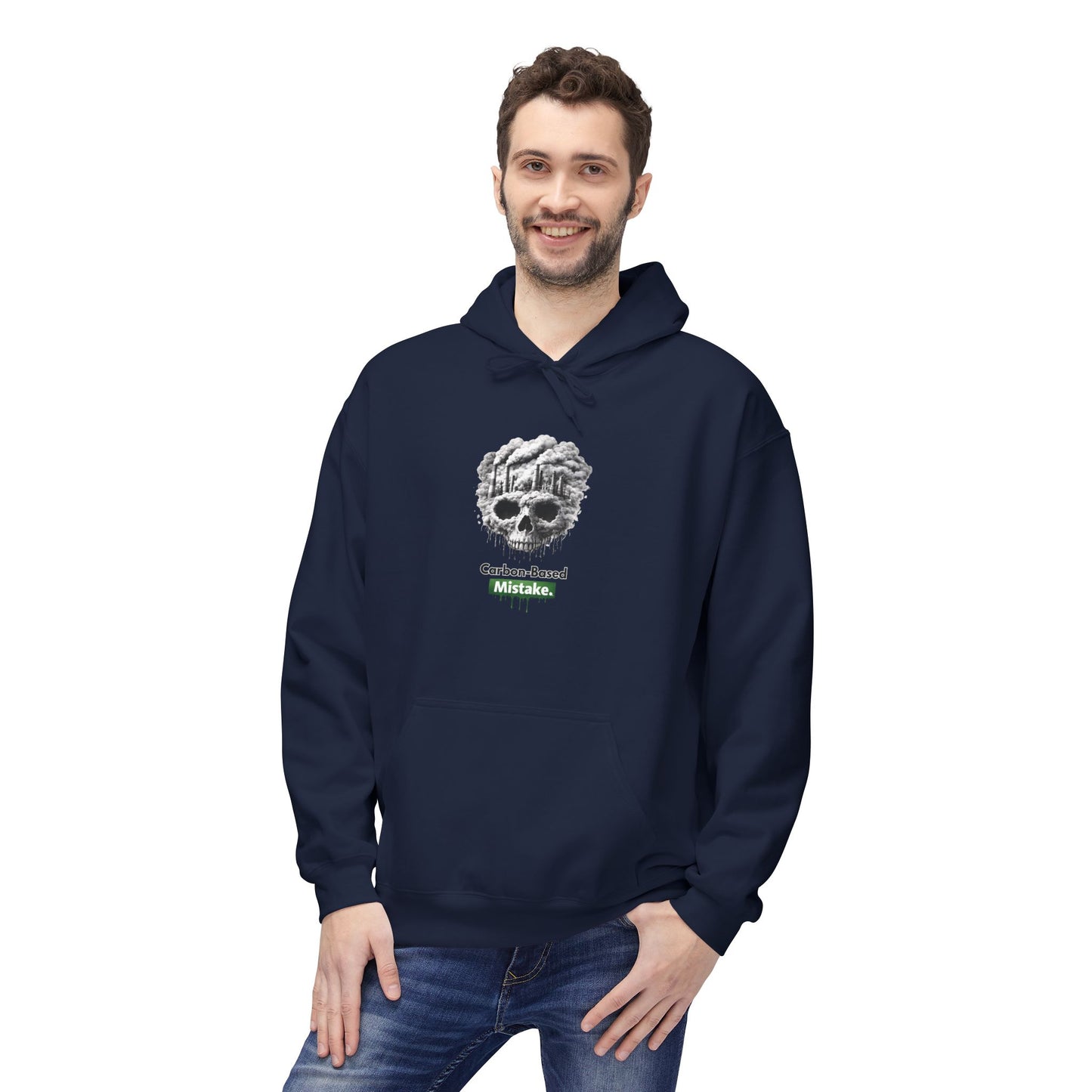 Unisex Hoodie — “Carbon-Based Mistake” Graphic Pullover, Gift for Earth Day, Sarcastic Hoodie
