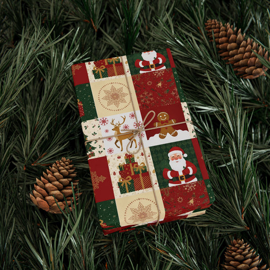 Christmas Patchwork Wrapping Paper Roll — Gingerbread, Trees & Red Green Christmas Pattern