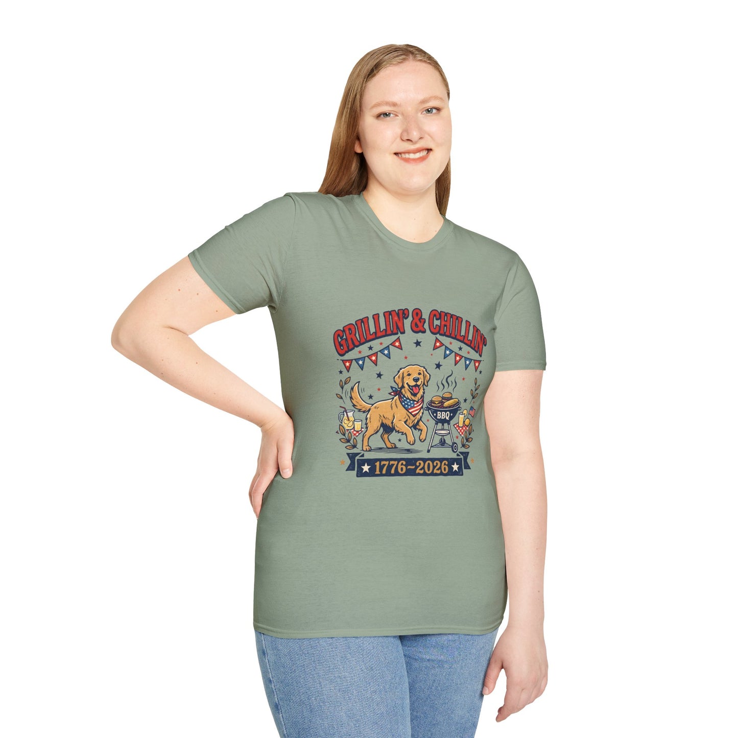 Grillin' & Chillin' BBQ Dog T-Shirt — 1776-2026 Patriotic Summer Tee, 4th of July Shirt, Independence Day Tee