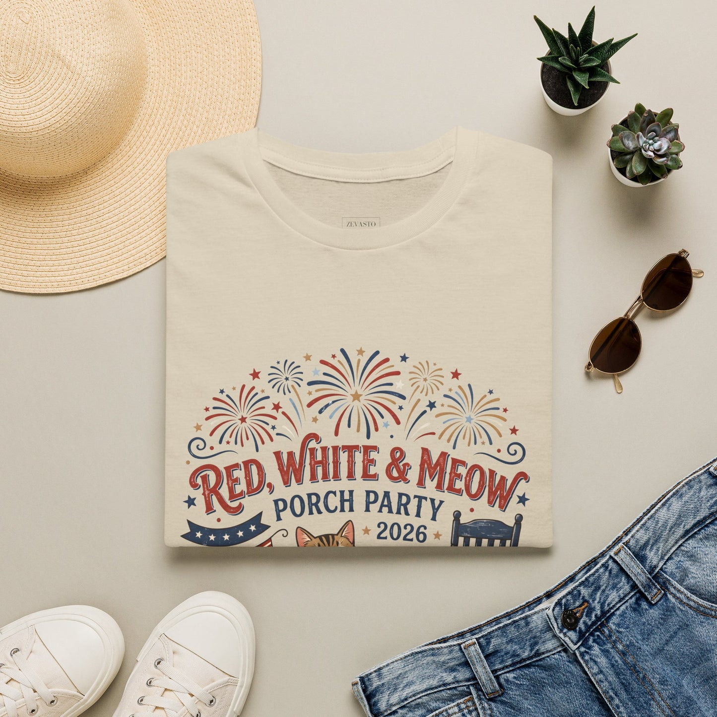 Red, White & Meow Porch Party T-Shirt — 2026 Patriotic Cat Tee, 4th of July Shirt, Independence Day Gift