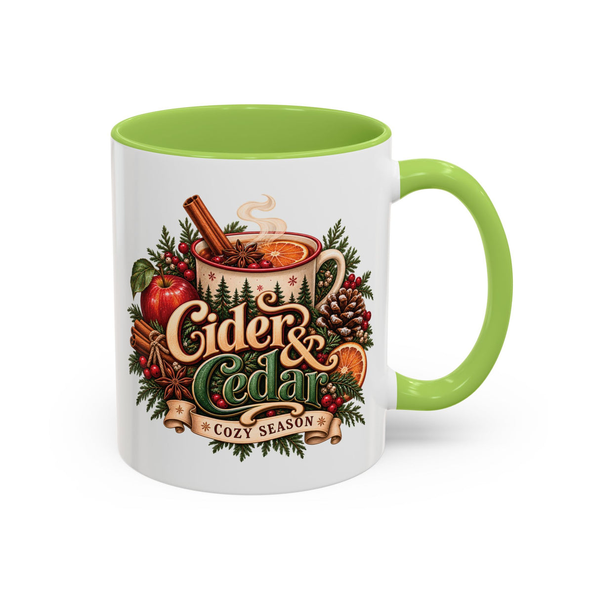 Cider & Cedar Accent Coffee Mug — Cozy Fall Hot Drink Gift (11 oz)