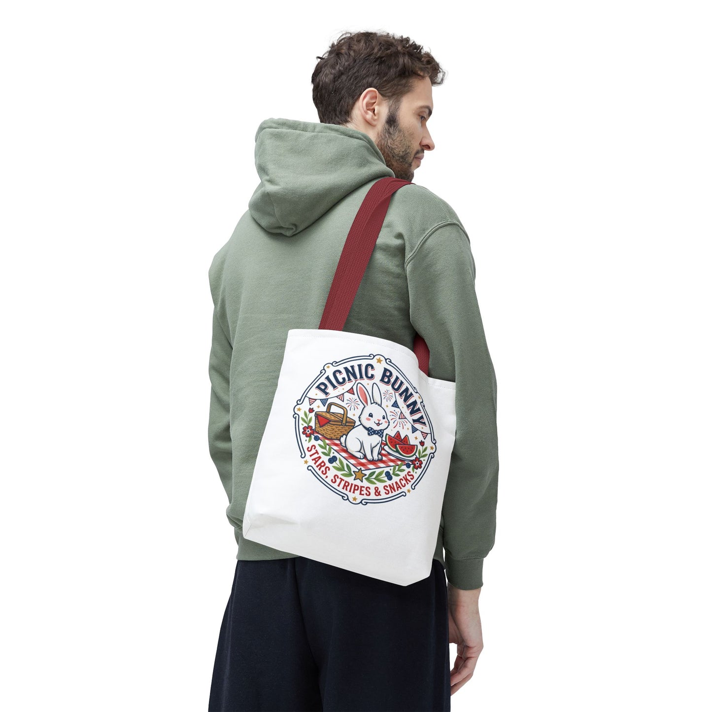 Patriotic Picnic Bunny Tote Bag — ‘Stars, Stripes & Snacks’ Cute Rabbit Picnic Tote, 4th of July Tote