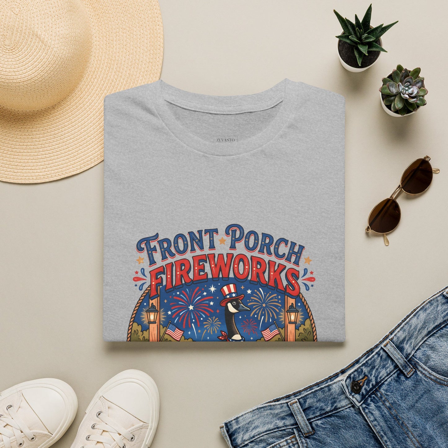 Front Porch Fireworks, Goose T-Shirt — Patriotic 4th of July Celebration Tee