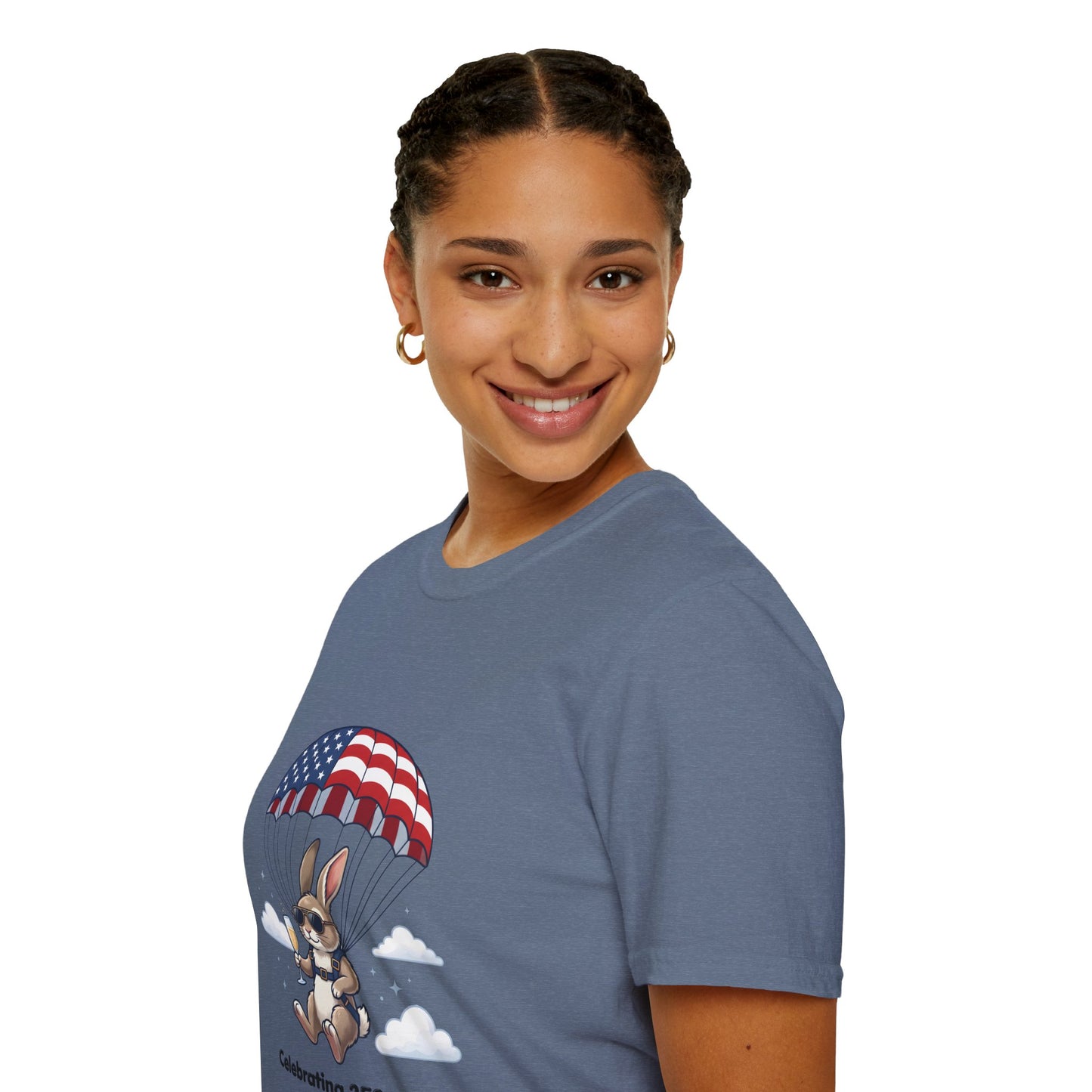 Patriotic Parachuting Bunny T-Shirt — "Celebrating 250 Years"