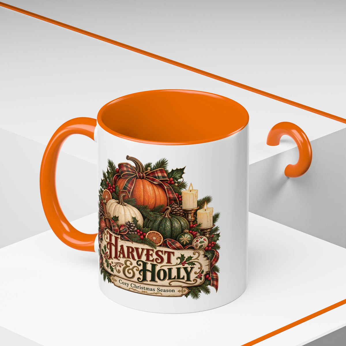 Harvest & Holly Accent Coffee Mug - Vintage Christmas Holiday Mug (11 oz)