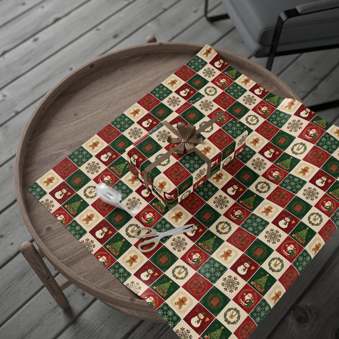 Christmas Patchwork Wrapping Paper Roll — Holiday Gift Wrap with Gingerbread, Snowman & Reindeer