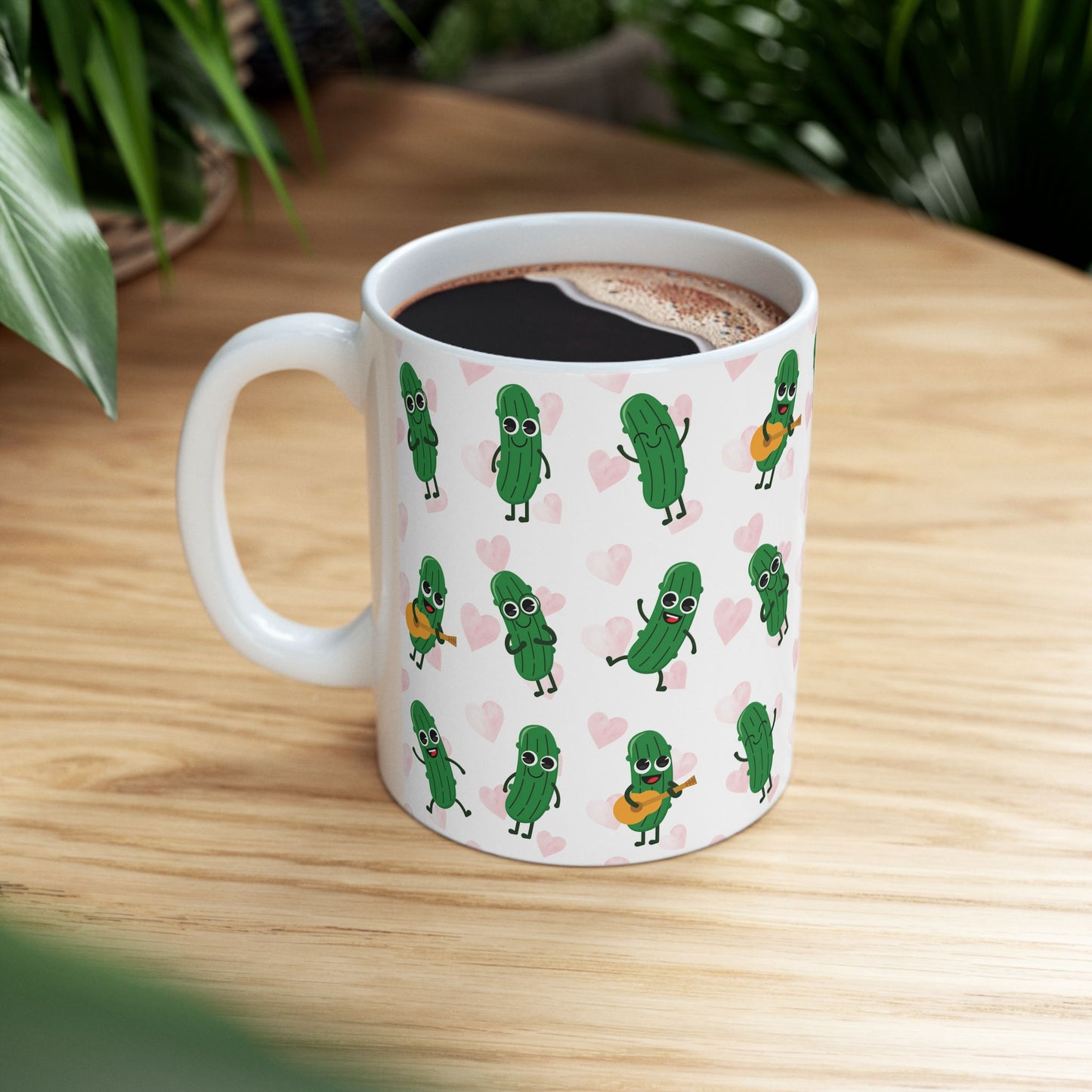 Pickle Love Ceramic Mug — Cute Dancing Pickles Pattern (11oz)