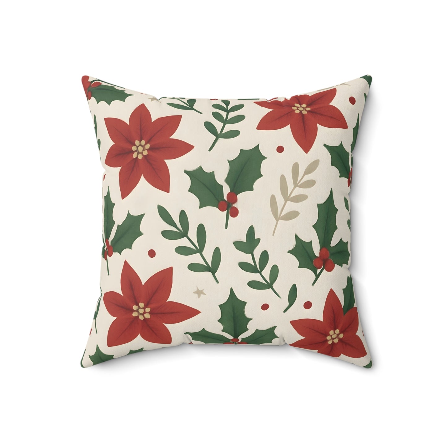 Poinsettia and Holly Leaves Holiday Throw Pillow - Festive Christmas Floral Decorative Cushion
