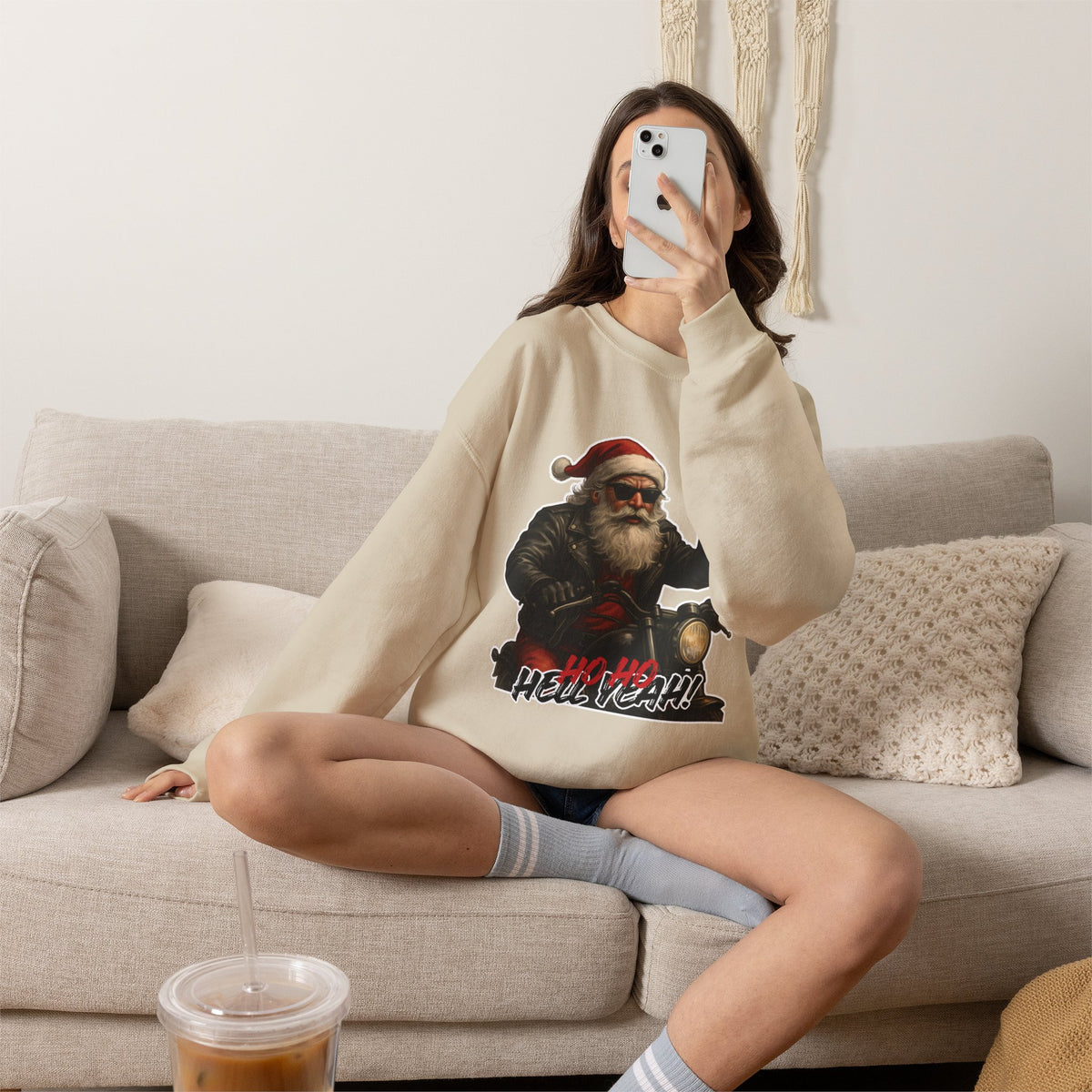 Santa Biker Crewneck Sweatshirt – 'Ho Ho Hell Yeah' Christmas Motorcycle Pullover