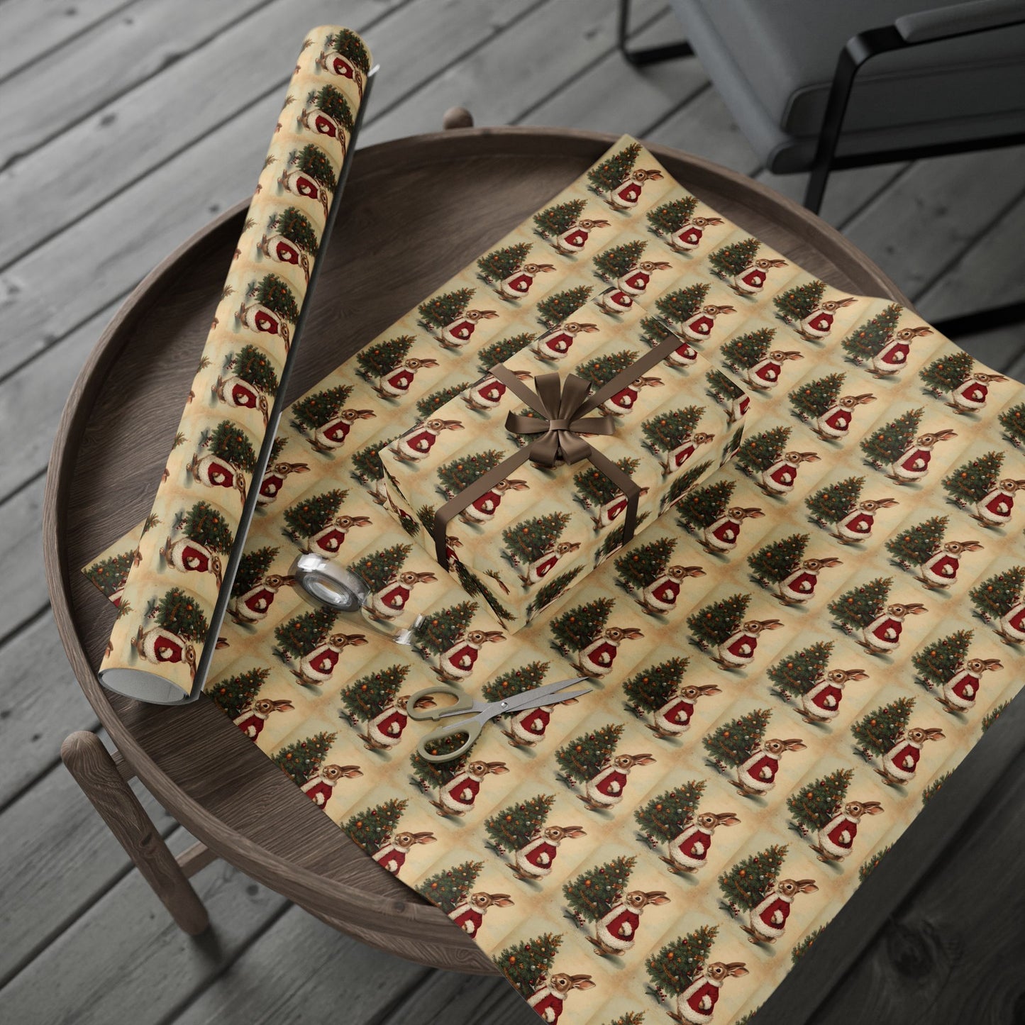 Vintage Christmas Wrapping Paper Roll - Vintage Holiday Gift Wrap with Bunny Design