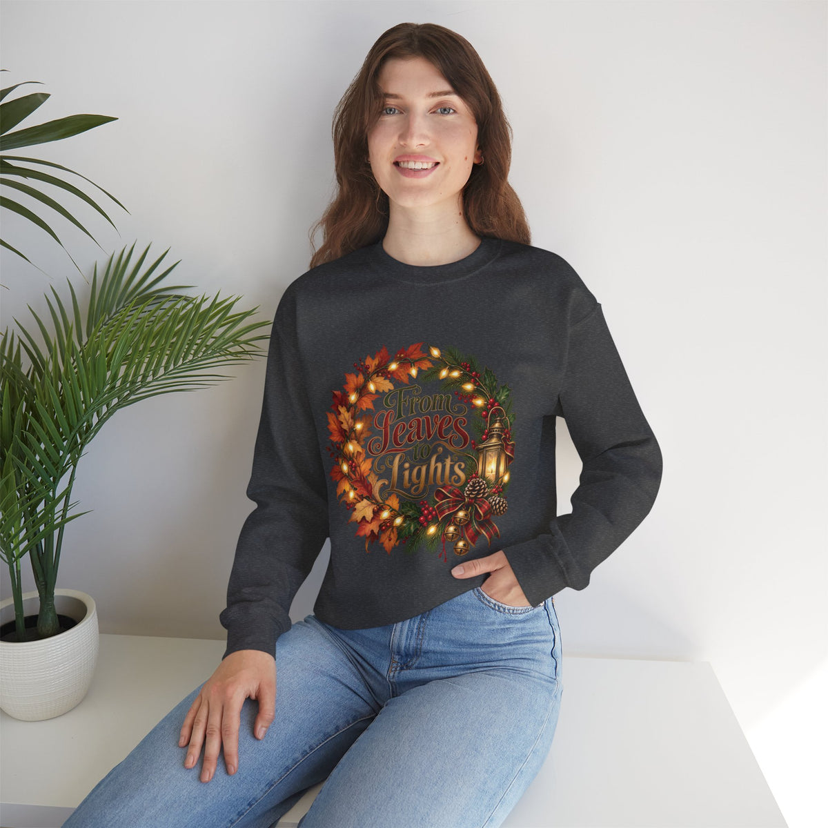 Christmas Crewneck Sweatshirt — "From Leaves to Lights" Autumn to Holiday Wreath Design