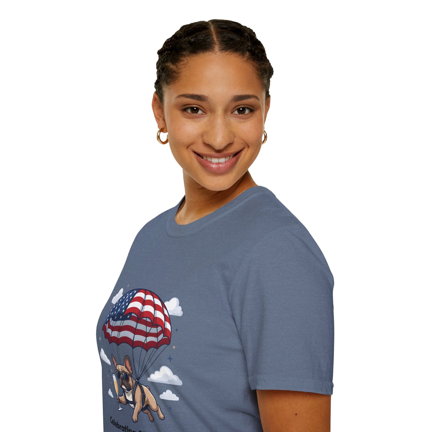Patriotic French Bulldog T-Shirt — "Celebrating 250 Years" Parachute Design