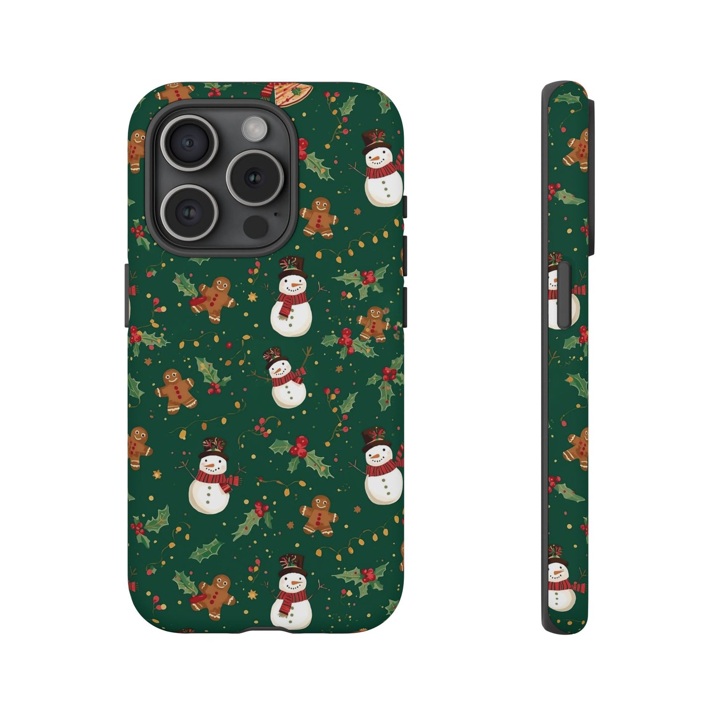 Christmas Phone Case with Snowmen and Gingerbread Design, Dual Layer Phone Case for Iphone 17, 16, 15, 14, 13, 12, 11 & Samsung