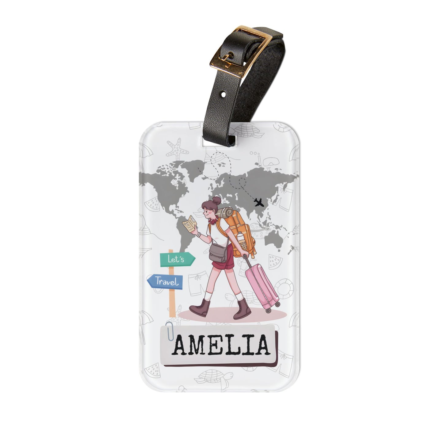 Personalized Travel Luggage Tag — Cute Female Traveler with World Map Design, Custom Name ID Tag