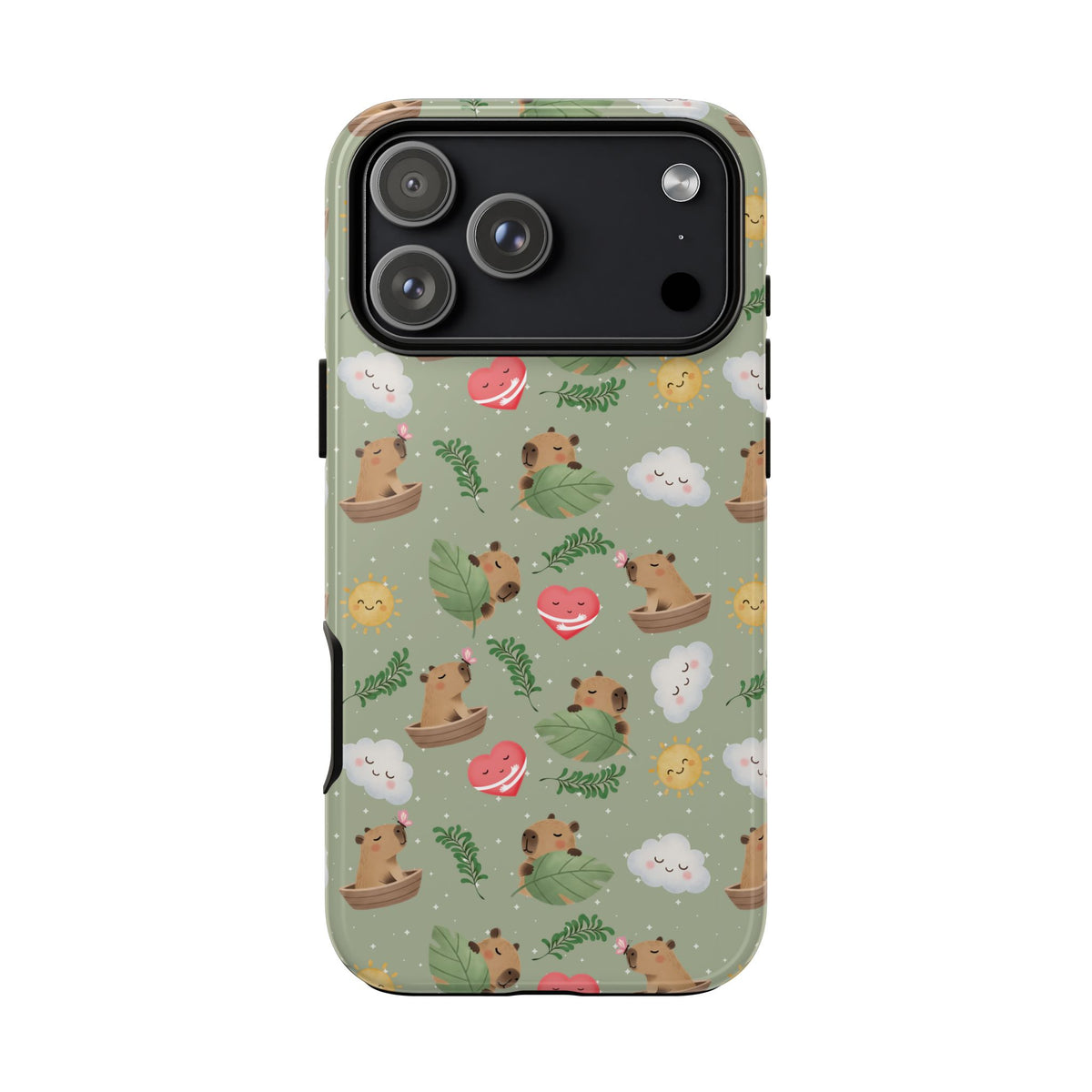Cute Capybara Pattern Phone Case — Green Botanical Tough Case