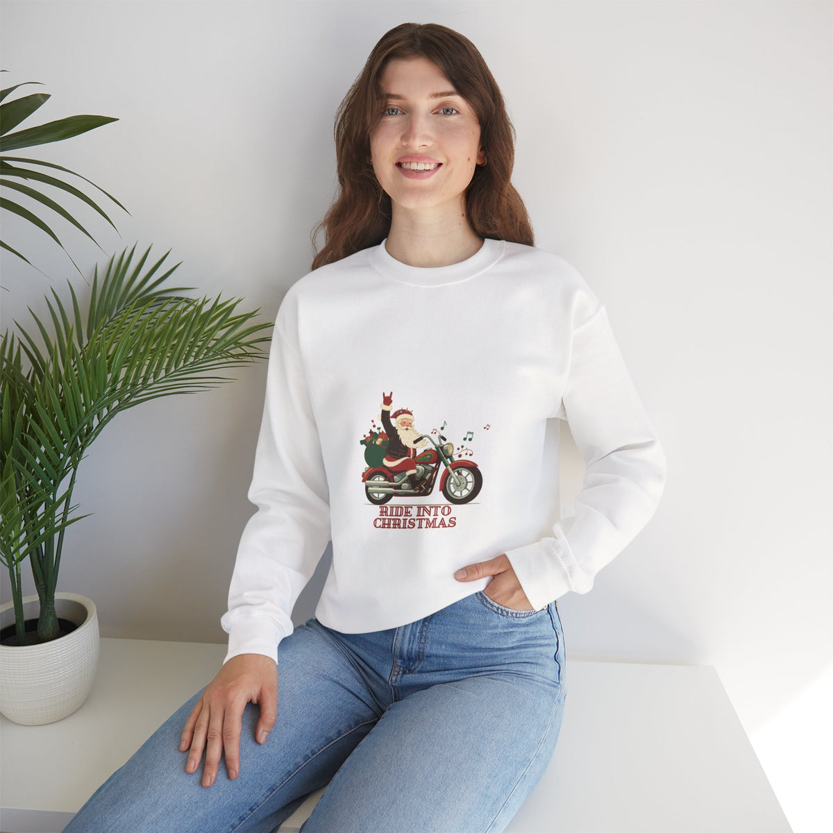 Christmas Motorcycle Sweatshirt - "Ride Into Christmas" Santa Biker Holiday Crewneck