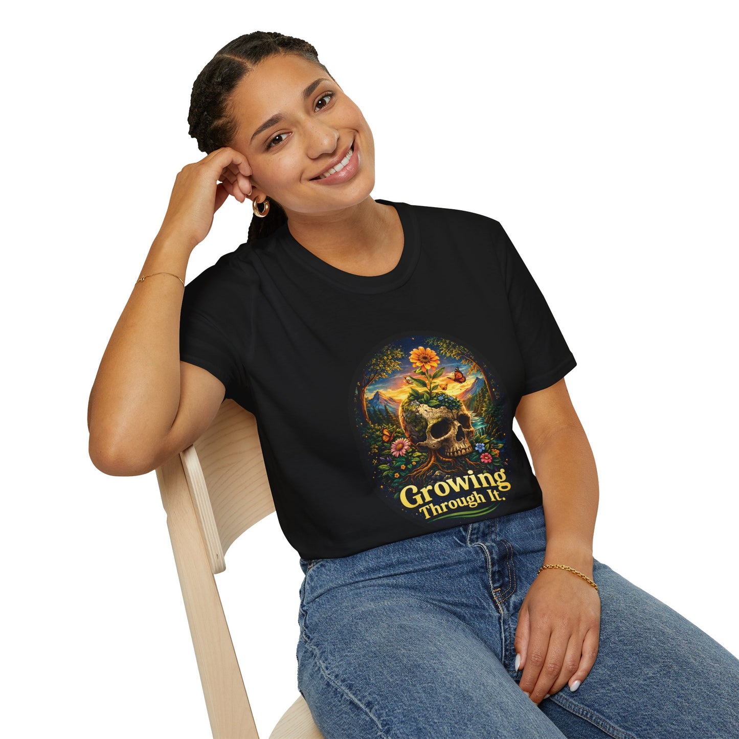 Growing Through It T-Shirt – Earth Day Nature Skull Graphic Tee | Mental Growth & Healing Shirt | Botanical Aesthetic Unisex Tee