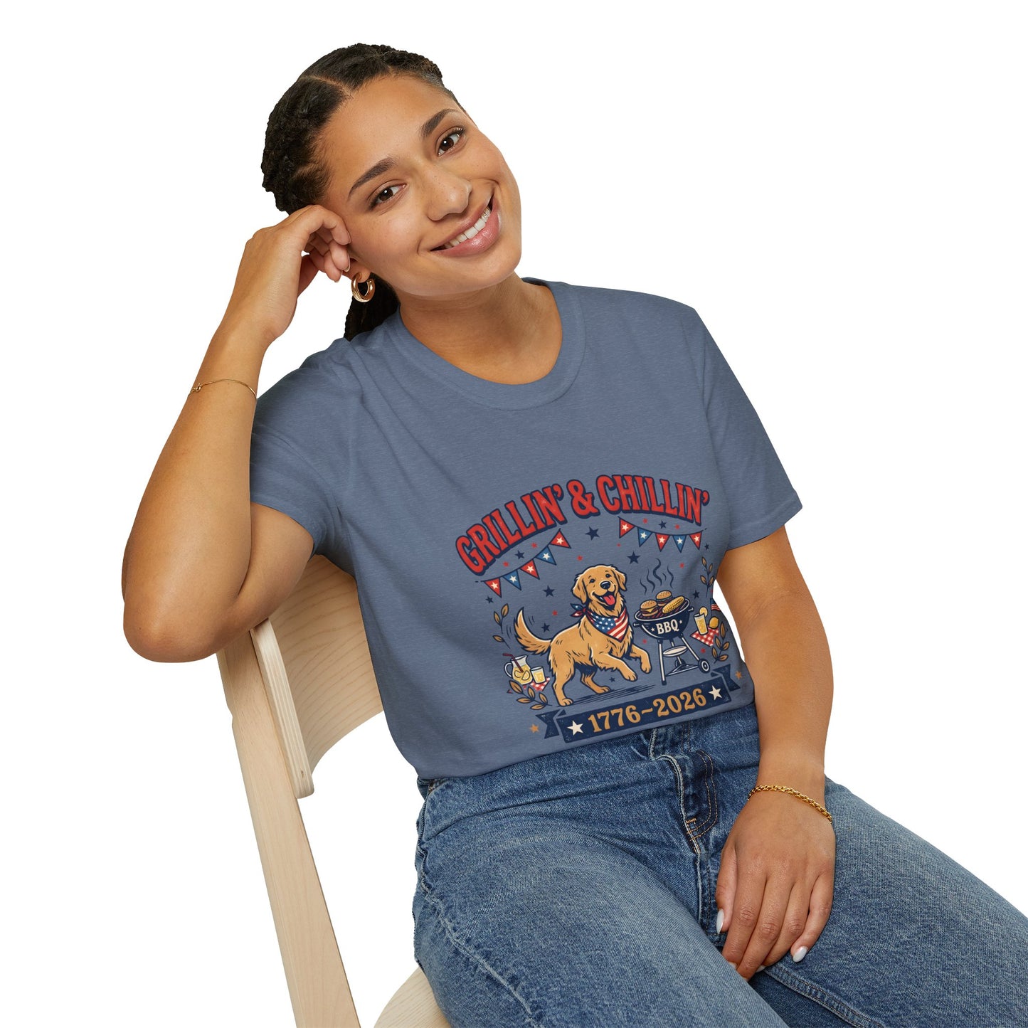 Grillin' & Chillin' BBQ Dog T-Shirt — 1776-2026 Patriotic Summer Tee, 4th of July Shirt, Independence Day Tee