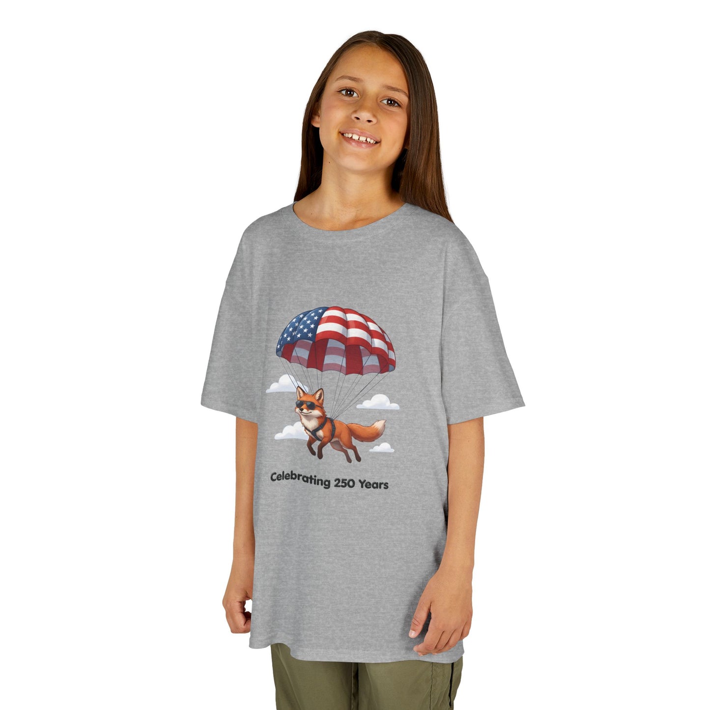 Kids Tee — Patriotic Fox with Parachute - “Celebrating 250 Years”