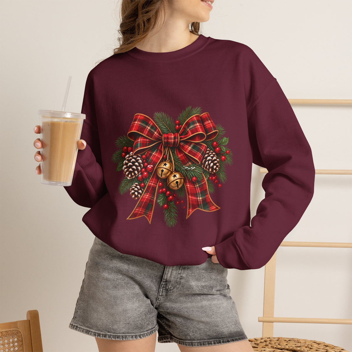 Christmas Plaid Bow Sweatshirt - Holiday Pinecone & Jingle Bells Crewneck