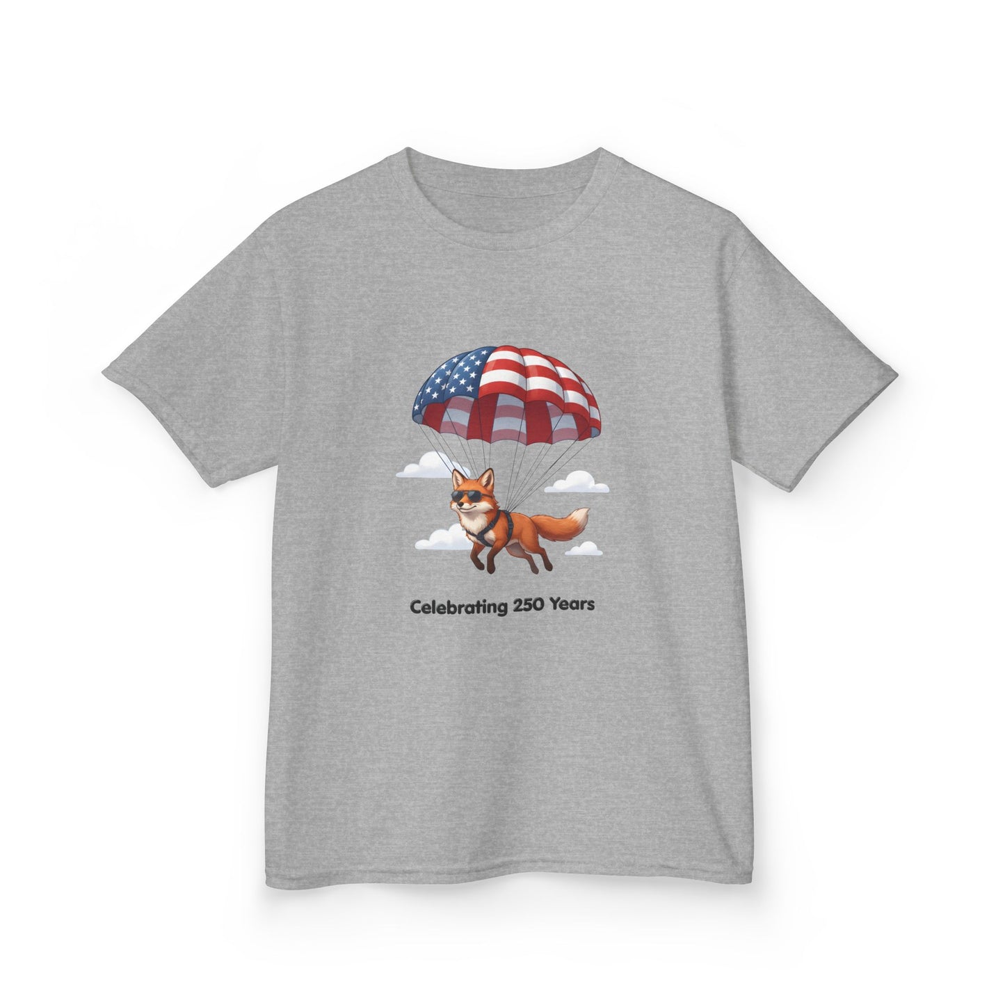 Kids Tee — Patriotic Fox with Parachute - “Celebrating 250 Years”