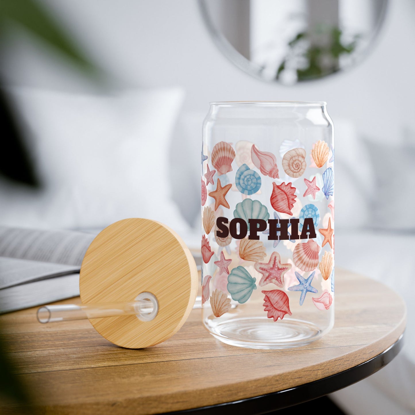 Personalized Seashell Sipper Glass - 16oz Beach Drink Tumbler with Straw (Custom Name)