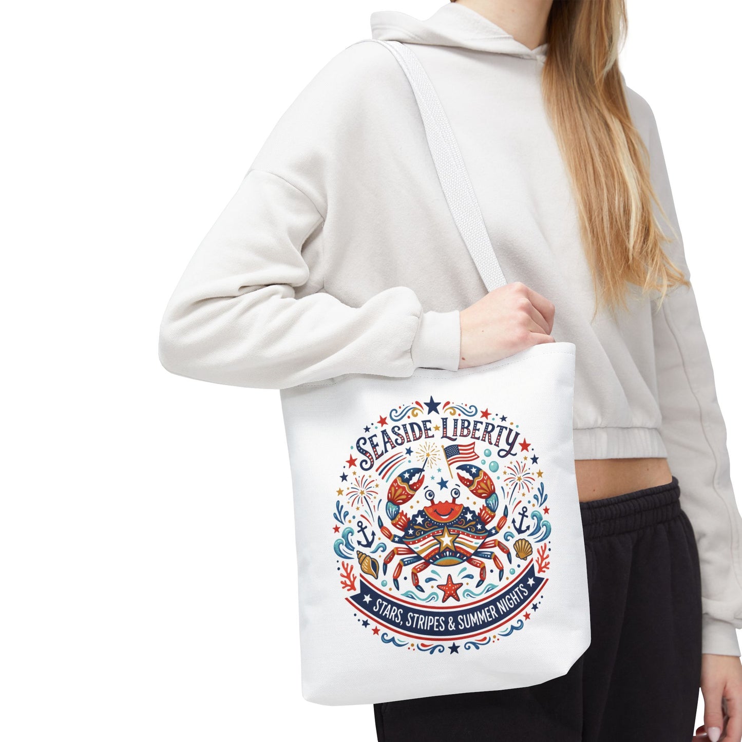 Seaside Liberty Tote Bag — 4th of July, Patriotic Bag "Stars, Stripes & Summer Nights"