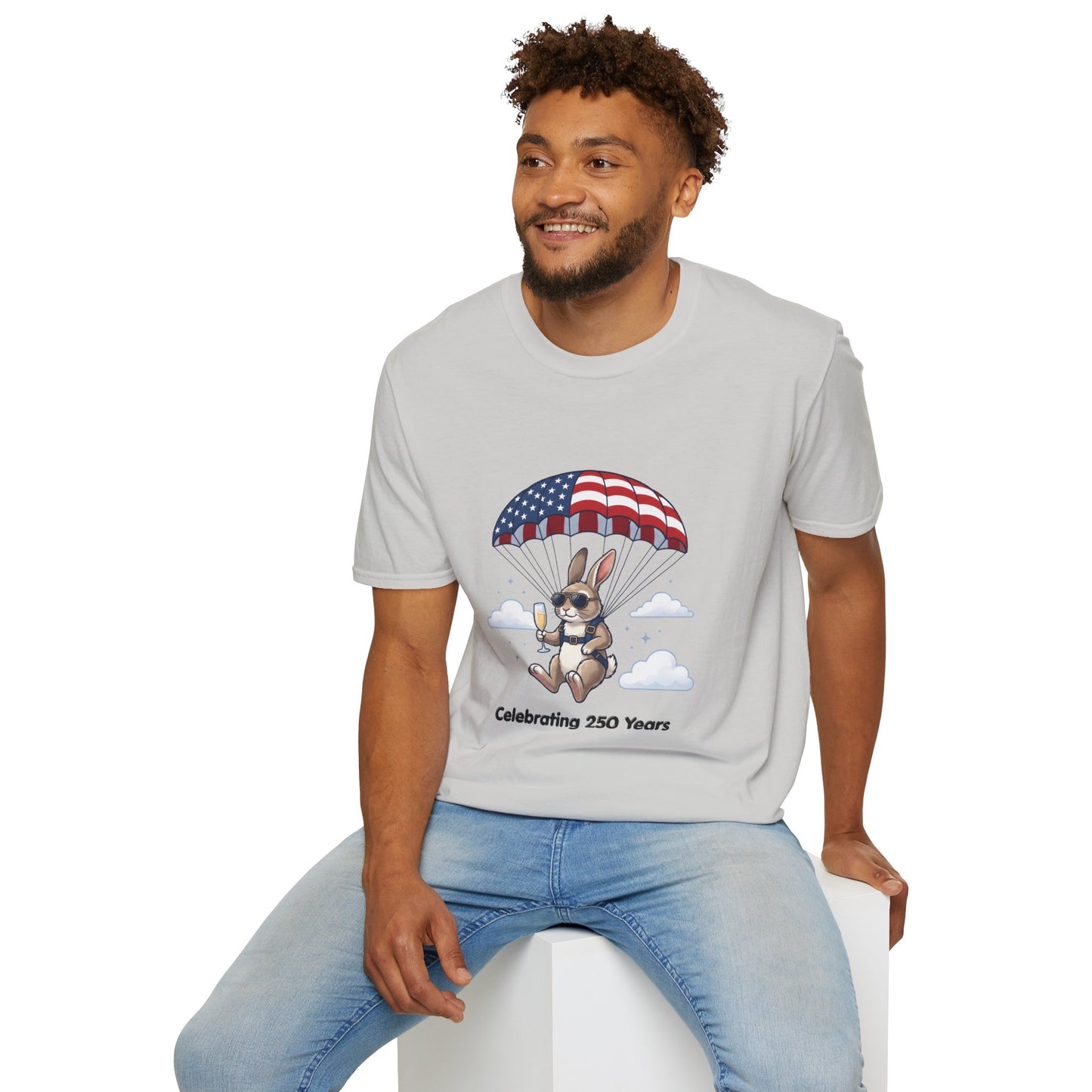 Patriotic Parachuting Bunny T-Shirt — "Celebrating 250 Years"