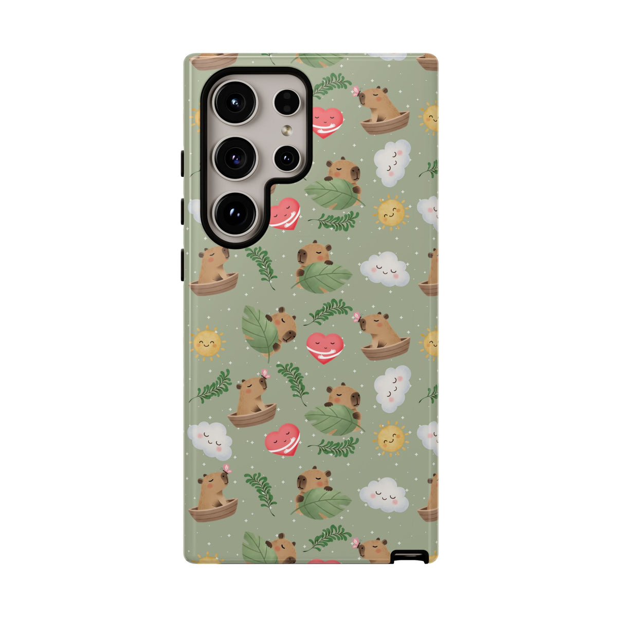 Cute Capybara Pattern Phone Case — Green Botanical Tough Case
