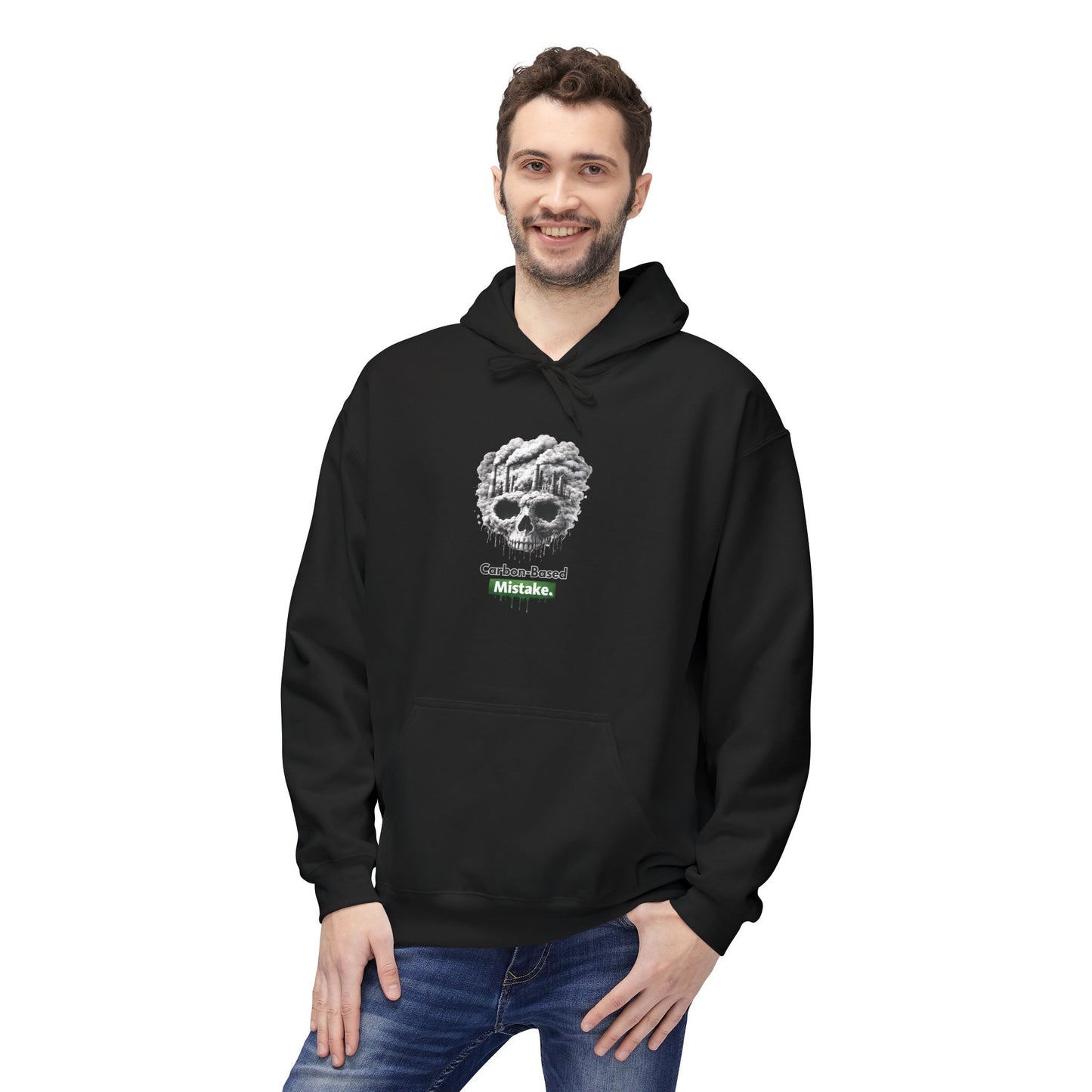 Unisex Hoodie — “Carbon-Based Mistake” Graphic Pullover, Gift for Earth Day, Sarcastic Hoodie